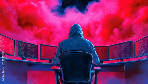 A dramatic scene of a hacker in a hooded sweatshirt, sitting in front of a wall of monitors displaying breached systems highlighting the tension of cyber warfare.