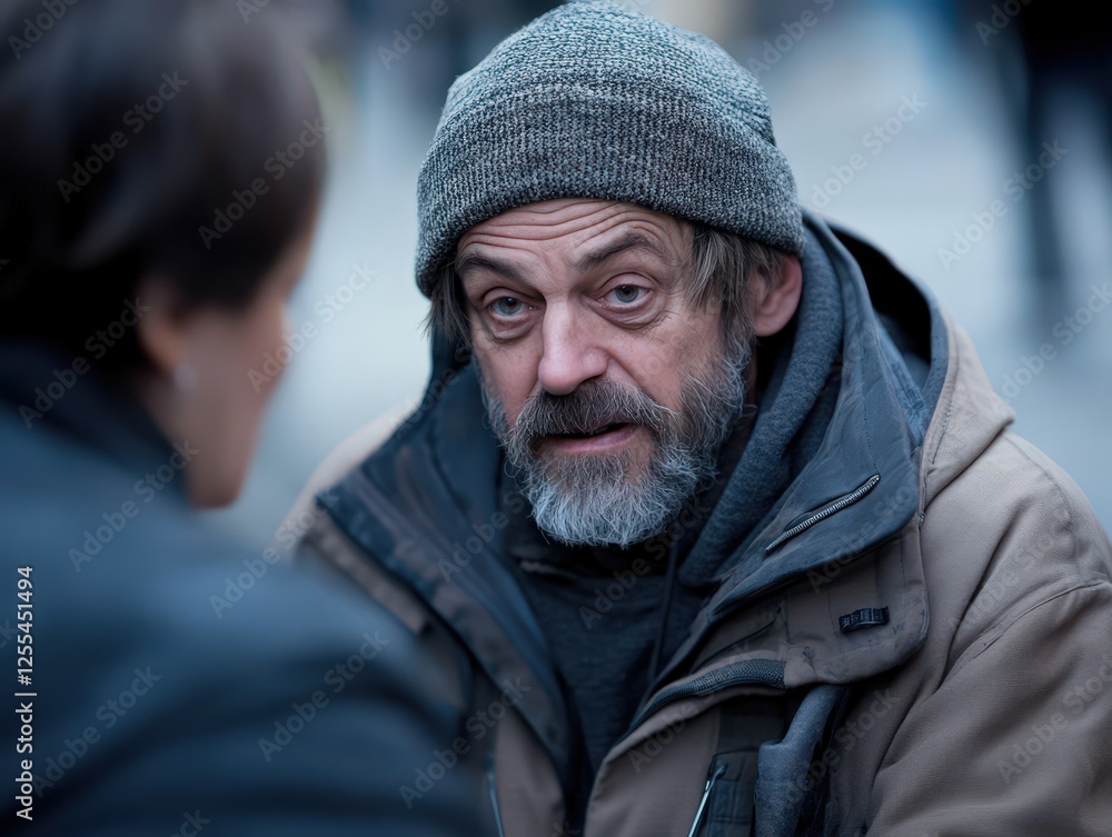 Engaging conversation between two strangers on a bustling city street Engaging conversation between two strangers on a bustling city street