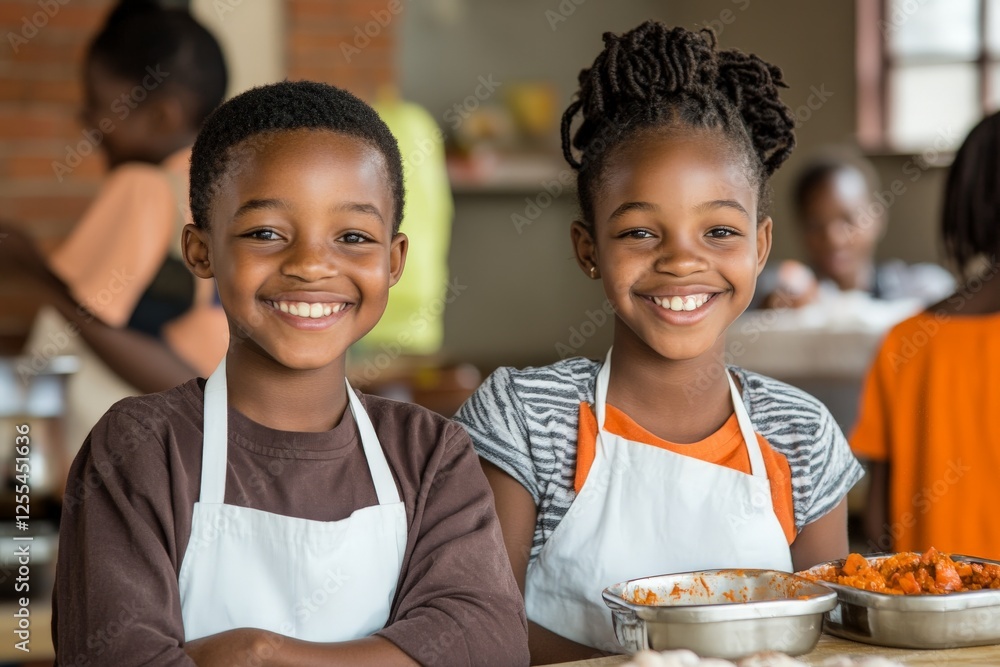 Smiling children in aprons prepare food in community kitchen during afternoon cooking class Smiling children in aprons prepare food in community kitchen during afternoon cooking class