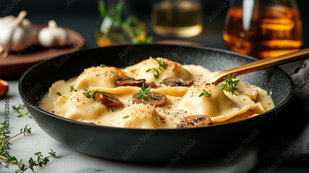 A rich serving of ravioli in creamy sauce, topped with fresh herbs, presenting a gourmet experience that highlights the essence of culinary artistry. A rich serving of ravioli in creamy sauce, topped with fresh herbs, presenting a gourmet experience that highlights the essence of culinary artistry.