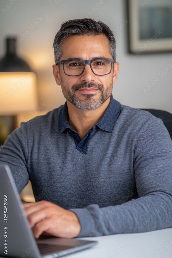 Hispanic man wearing glasses, working remotely from home, focused on his laptop, embodying productivity and professionalism in a casual setting Hispanic man wearing glasses, working remotely from home, focused on his laptop, embodying productivity and professionalism in a casual setting