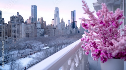 Snowy NYC balcony view, city skyline, winter sunrise