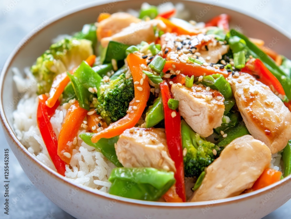 A bowl of rice with stir-fried vegetables and chicken. Featuring a vibrant mix of colors and textures. Highlighting a nutritious and balanced meal. Ideal for recipe blogs and healthy eating articles. A bowl of rice with stir-fried vegetables and chicken. Featuring a vibrant mix of colors and textures. Highlighting a nutritious and balanced meal. Ideal for recipe blogs and healthy eating articles.