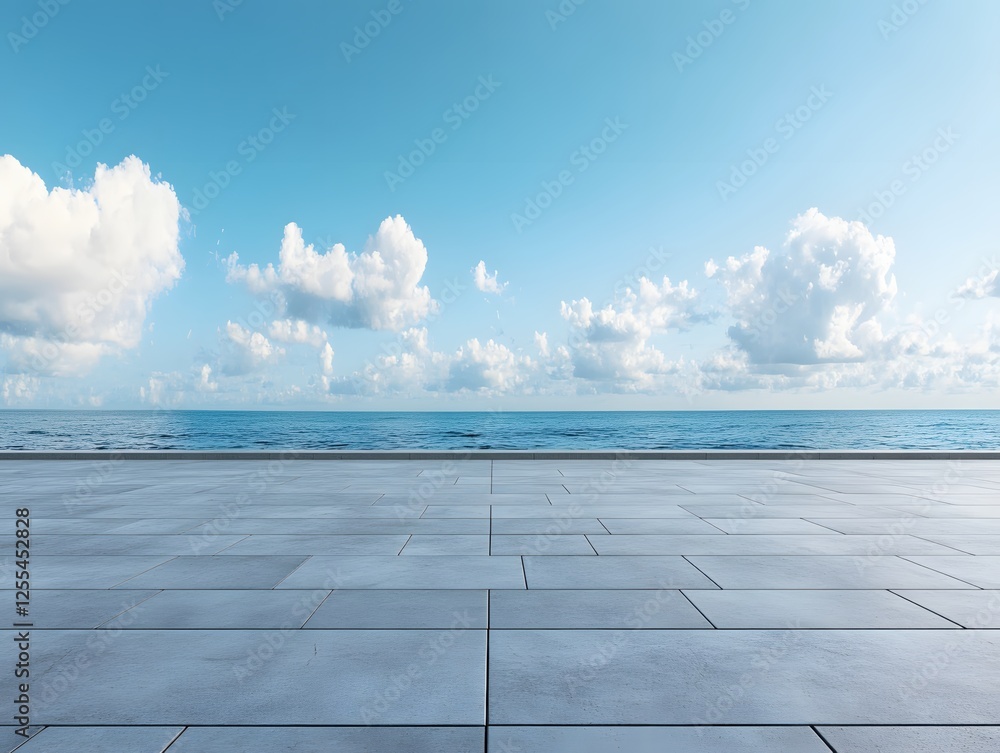 Serene Ocean View from a Modern Stone Terrace Under a Bright Blue Sky with Fluffy Clouds Serene Ocean View from a Modern Stone Terrace Under a Bright Blue Sky with Fluffy Clouds
