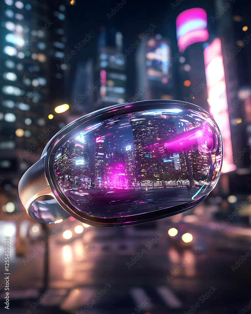 Immersive VR headset showcasing vibrant digital cityscape at night Immersive VR headset showcasing vibrant digital cityscape at night
