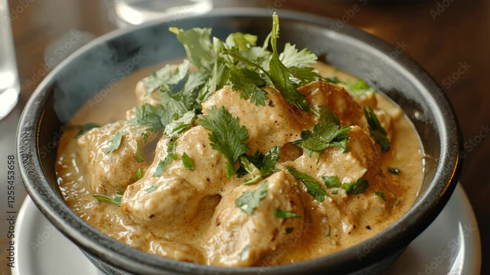 Creamy coconut curry with chicken served in a black bowl at an Indian restaurant during dinner time Creamy coconut curry with chicken served in a black bowl at an Indian restaurant during dinner time