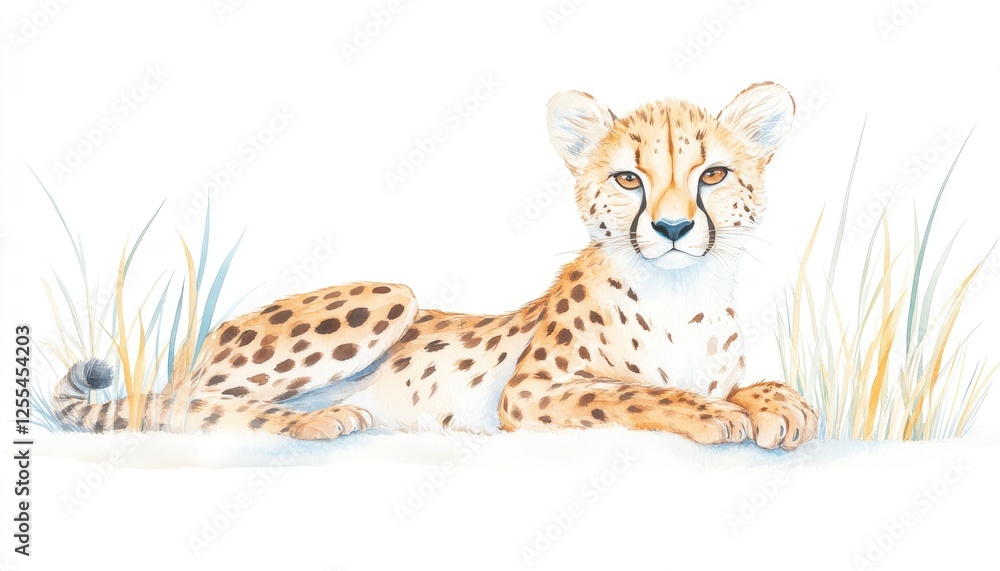 A serene cheetah resting gracefully amidst soft grass in a tranquil setting A serene cheetah resting gracefully amidst soft grass in a tranquil setting
