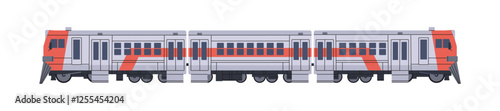 Passenger train with carriages side view. Electric railroad transport with wagons for subway. Railway coaches with locomotive for rail travel. Flat isolated vector illustration on white background