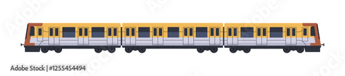 Modern passenger train side view. Underground railroad transport with carriages. Electric locomotive of subway with wagons. Railway coaches, rail transit. Flat isolated vector illustration on white