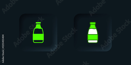Green Closed glass bottle with milk icon isolated on black background. Black square button. Vector