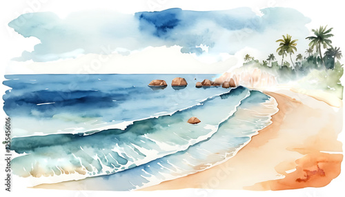 Beach watercolor illustration tropical palm trees