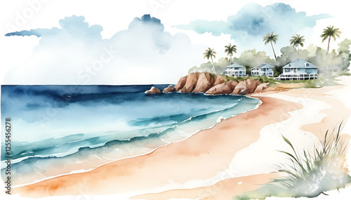 Beach watercolor illustration serene ocean view
