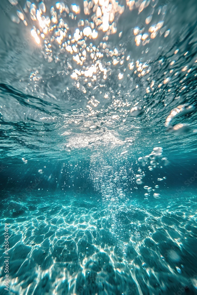 Underwater Sunlight Sparkling Through Ocean Waves Creating Abstract Patterns and Bubbles Underwater Sunlight Sparkling Through Ocean Waves Creating Abstract Patterns and Bubbles
