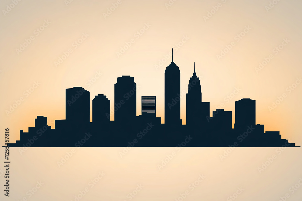 Naklejka premium City skyline silhouette with tall buildings and skyscrapers against a soft gradient background, symbolizing urban life, growth, and development.