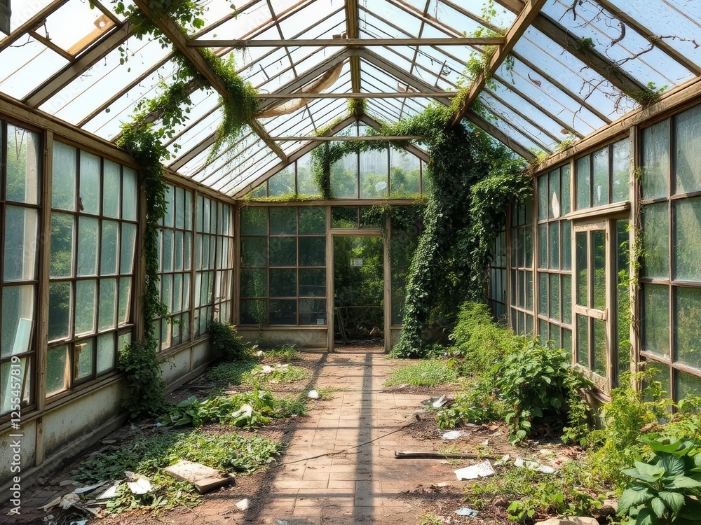 Abandoned greenhouse, a Forgotten Place of decay, overrun by vines and weeds Abandoned greenhouse, a Forgotten Place of decay, overrun by vines and weeds