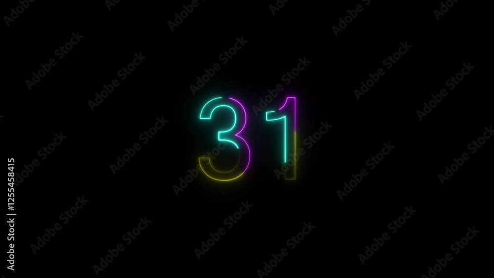 A dynamic number animation, and glowing neon number 31 . on a black background.and creating a stunning video.4k video
A dynamic number animation, and glowing neon number 31 . on a black background.and creating a stunning video.4k video