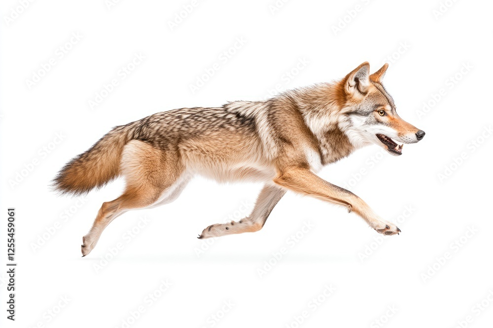 Fototapeta premium Running wolf in motion against a white background showcasing agility and grace