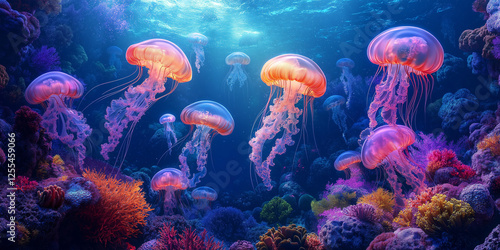 Wallpaper Mural Graceful jellyfish dance in vibrant coral reef underwater ecosystem marine life photography colorful and enigmatic captivating viewpoints Torontodigital.ca