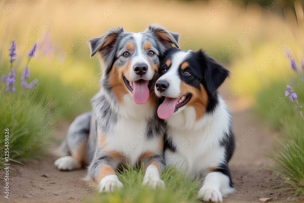 Two Happy Australian Shepherd Dogs Outdoors Two Happy Australian Shepherd Dogs Outdoors