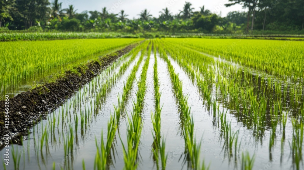 Rice field being flooded with water before planting in a lush rural landscape. Emphasizing field preparation and reflective surface, ideal for agricultural practices and environmental documentation. Rice field being flooded with water before planting in a lush rural landscape. Emphasizing field preparation and reflective surface, ideal for agricultural practices and environmental documentation.