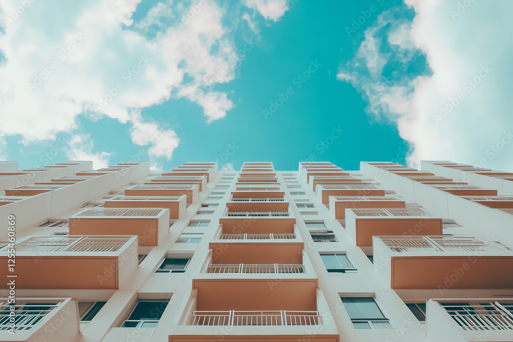 Low angle view of skyscraper apartment building. Modern architecture with balconies. Minimalist design, high-rise buildings Low angle view of skyscraper apartment building. Modern architecture with balconies. Minimalist design, high-rise buildings
