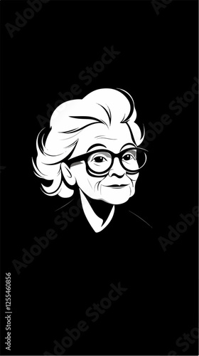 Black and white illustration of an elderly woman. Pensioner woman. Grandmother.