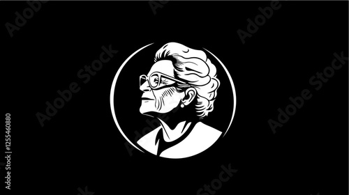 Black and white illustration of an elderly woman. Pensioner woman. Grandmother.