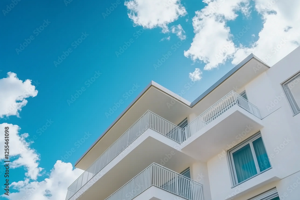 Low angle view of skyscraper apartment building. Modern architecture with balconies. Minimalist design, high-rise buildings Low angle view of skyscraper apartment building. Modern architecture with balconies. Minimalist design, high-rise buildings