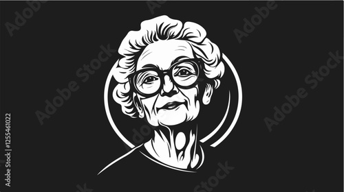 Black and white illustration of an elderly woman. Pensioner woman. Grandmother.