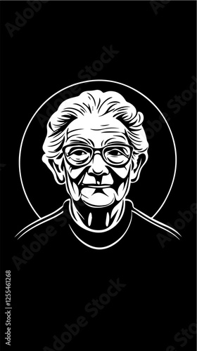 Black and white illustration of an elderly woman. Pensioner woman. Grandmother.