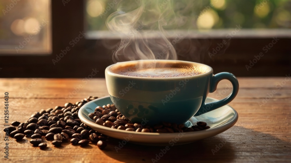Cup of coffee with steam rising in a cozy setting on a wooden table Cup of coffee with steam rising in a cozy setting on a wooden table