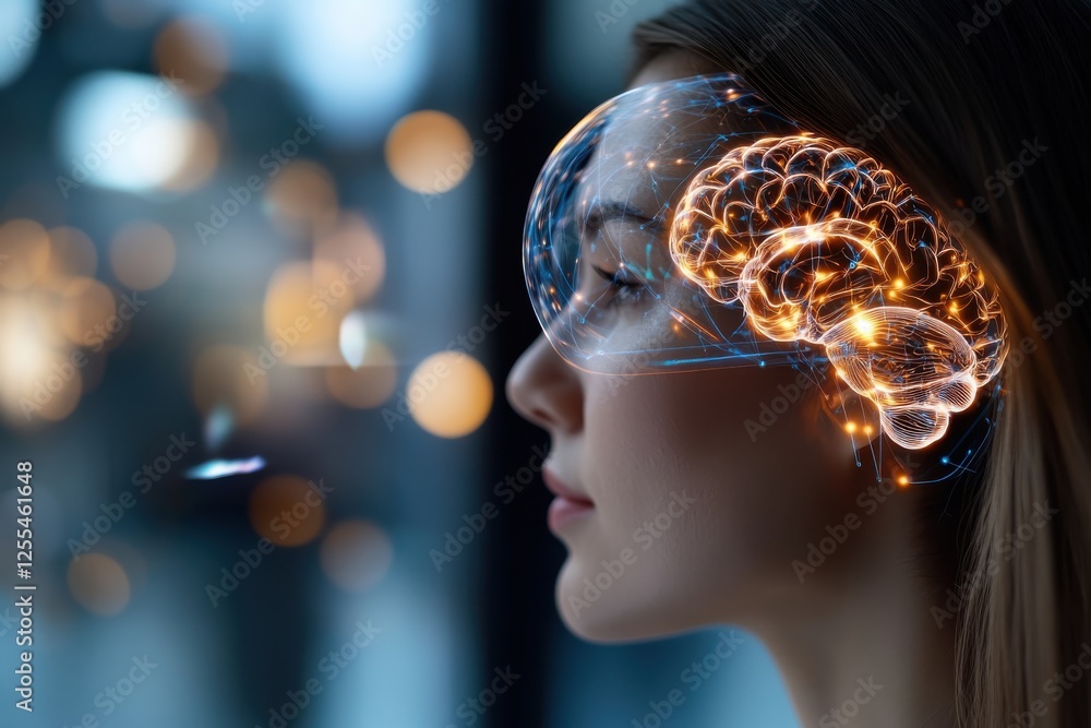 This image showcases a profile of a woman with a glowing brain design, symbolizing thought and creativity through abstract light patterns and a dreamy background. This image showcases a profile of a woman with a glowing brain design, symbolizing thought and creativity through abstract light patterns and a dreamy background.