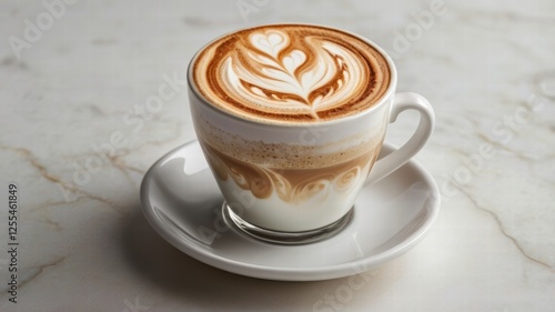 Cup of coffee with heart pattern latte art on wooden table in a cozy cafe setting photo