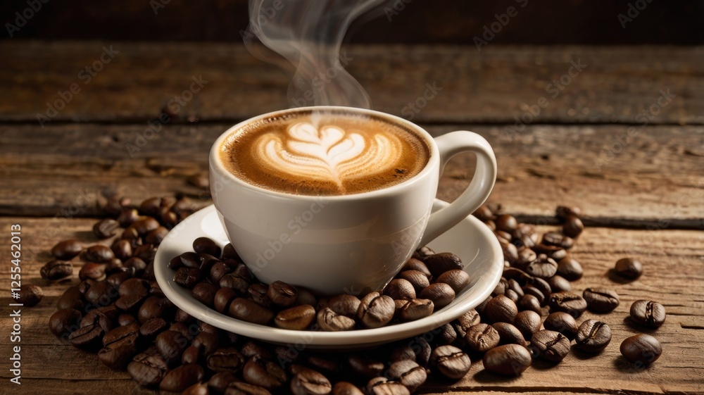 Cup of coffee with steam rising in a cozy setting on a wooden table Cup of coffee with steam rising in a cozy setting on a wooden table