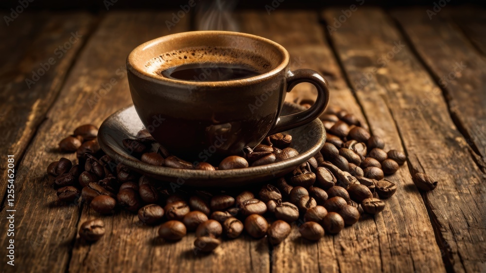 Cup of coffee placed on rustic wooden table with natural lighting and soft shadows Cup of coffee placed on rustic wooden table with natural lighting and soft shadows