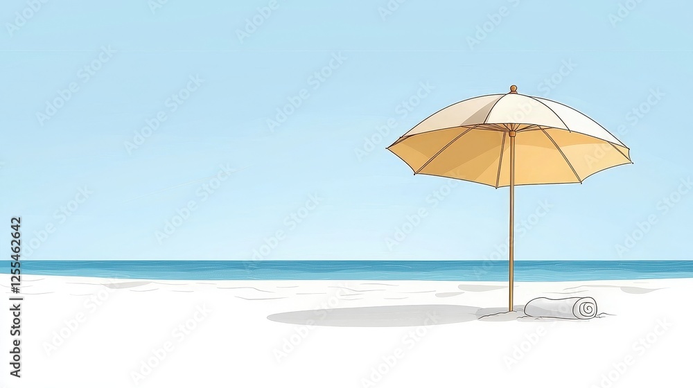Serene Beach Scene with Umbrella and Towel on Soft Sand Under Clear Blue Sky Serene Beach Scene with Umbrella and Towel on Soft Sand Under Clear Blue Sky