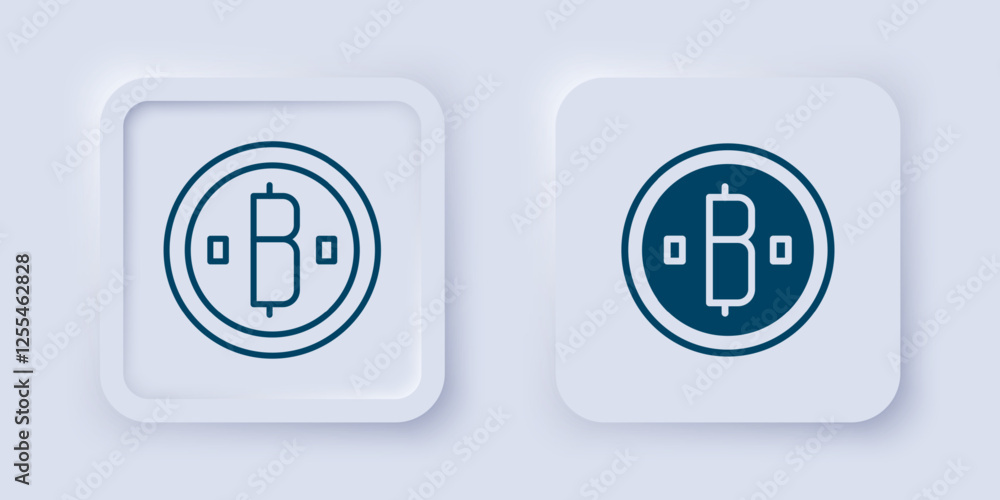 Filled and outline Cryptocurrency coin Bitcoin icon isolated on grey background. Physical bit coin. Blockchain based secure crypto currency. Square button. Vector