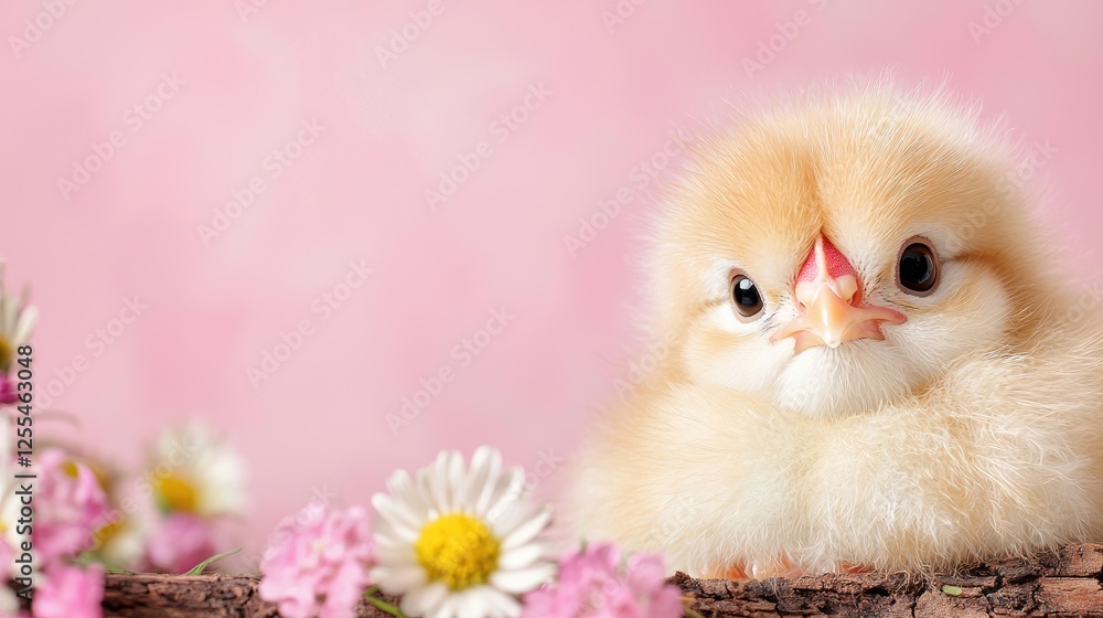 Fototapeta premium Cute Chick on Pink Background with Flowers