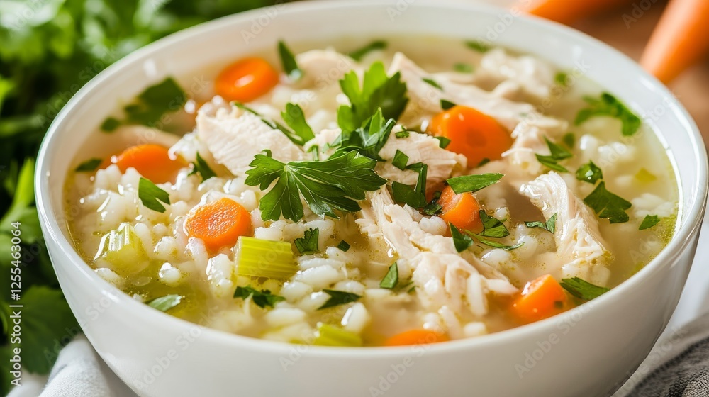 Chicken and rice soup with vegetables, parsley, and white bowl. Emphasizing comforting and nourishing nature, ideal for soup recipes and wholesome meals with a warm presentation. Chicken and rice soup with vegetables, parsley, and white bowl. Emphasizing comforting and nourishing nature, ideal for soup recipes and wholesome meals with a warm presentation.
