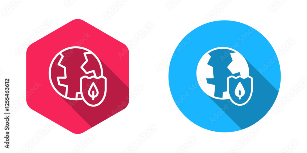 Filled and outline Earth with shield icon isolated with long shadow background. Insurance concept. Security, safety, protection, privacy concept. Vector Filled and outline Earth with shield icon isolated with long shadow background. Insurance concept. Security, safety, protection, privacy concept. Vector