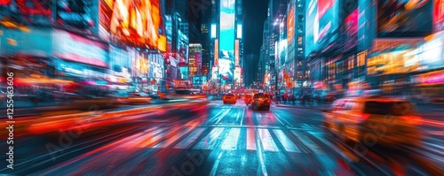Vibrant night scene in times square with blurred traffic and neon lights