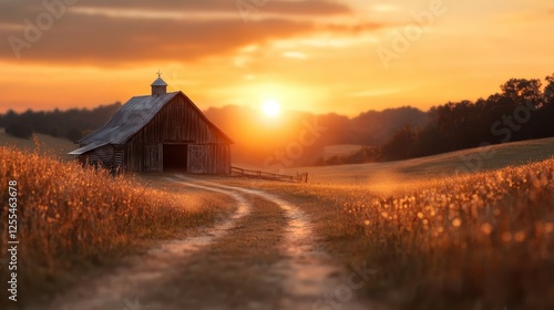 A beautiful rural scene showcasing a rustic barn at sunset, surrounded by golden fields, evoking a sense of tranquility and the beauty of nature's colors at dusk.