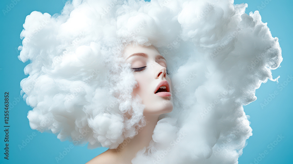 Fototapeta premium Beautiful young woman with white cloud engulfing her head. Studio shot on blue background. Brain fog concept