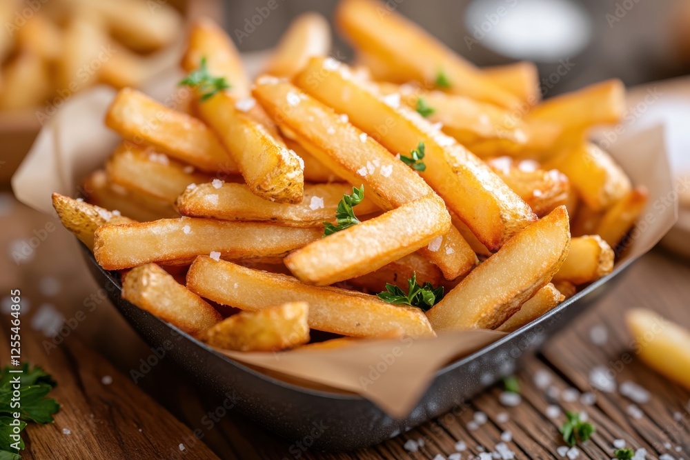 A tempting dish of golden fries served in a deep black bowl, emphasizing their crispy exterior while inviting diners to indulge in this fast-food favorite. A tempting dish of golden fries served in a deep black bowl, emphasizing their crispy exterior while inviting diners to indulge in this fast-food favorite.