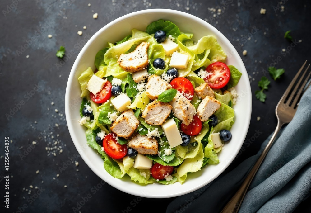 top caesar salad with chicken and parmesan cheese in bowl on dark top caesar salad with chicken and parmesan cheese in bowl on dark