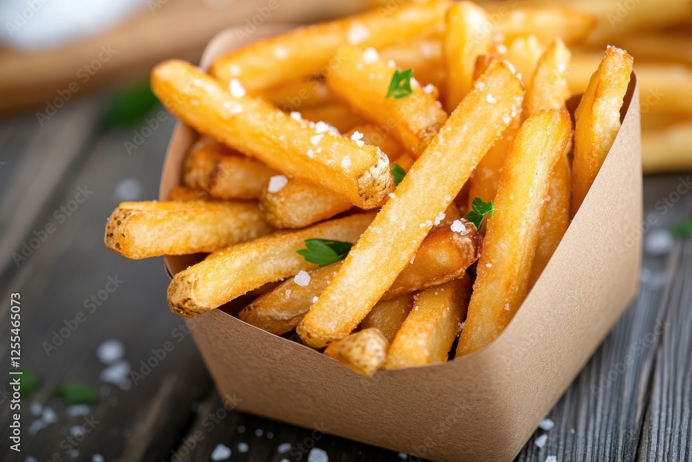 An irresistible pile of crispy golden fries piled high in a biodegradable cardboard container, celebrating fast food culture in a visually appealing presentation. An irresistible pile of crispy golden fries piled high in a biodegradable cardboard container, celebrating fast food culture in a visually appealing presentation.