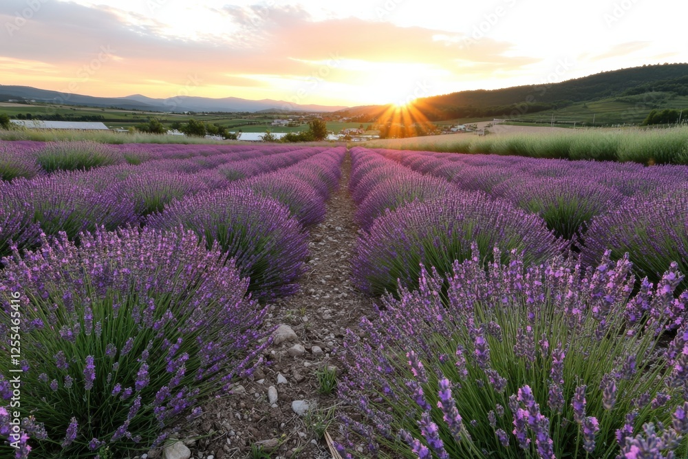 Fototapeta premium A picturesque lavender field stretches across rolling hills bathed in the warm glow of a sunset, highlighting the natural beauty and tranquility of rural landscapes.