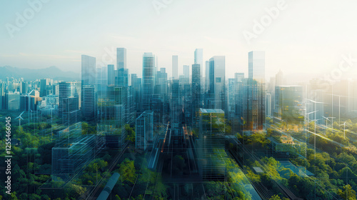 visionary sustainable smart cityscape with green spaces and modern architecture, showcasing innovation and harmony with nature