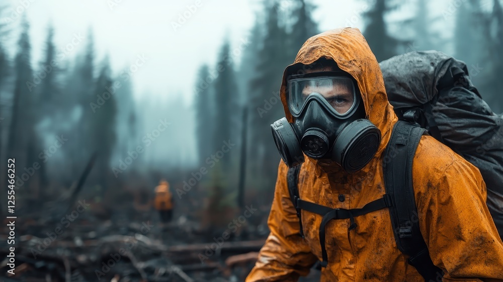 A lone figure in an orange raincoat and gas mask stands amidst a foggy, desolate forest landscape, evoking themes of survival and environmental concern amidst nature's beauty. A lone figure in an orange raincoat and gas mask stands amidst a foggy, desolate forest landscape, evoking themes of survival and environmental concern amidst nature's beauty.