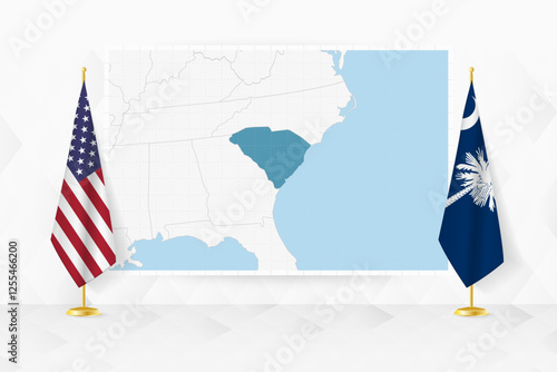 Map of South Carolina and flags of South Carolina on flag stand.